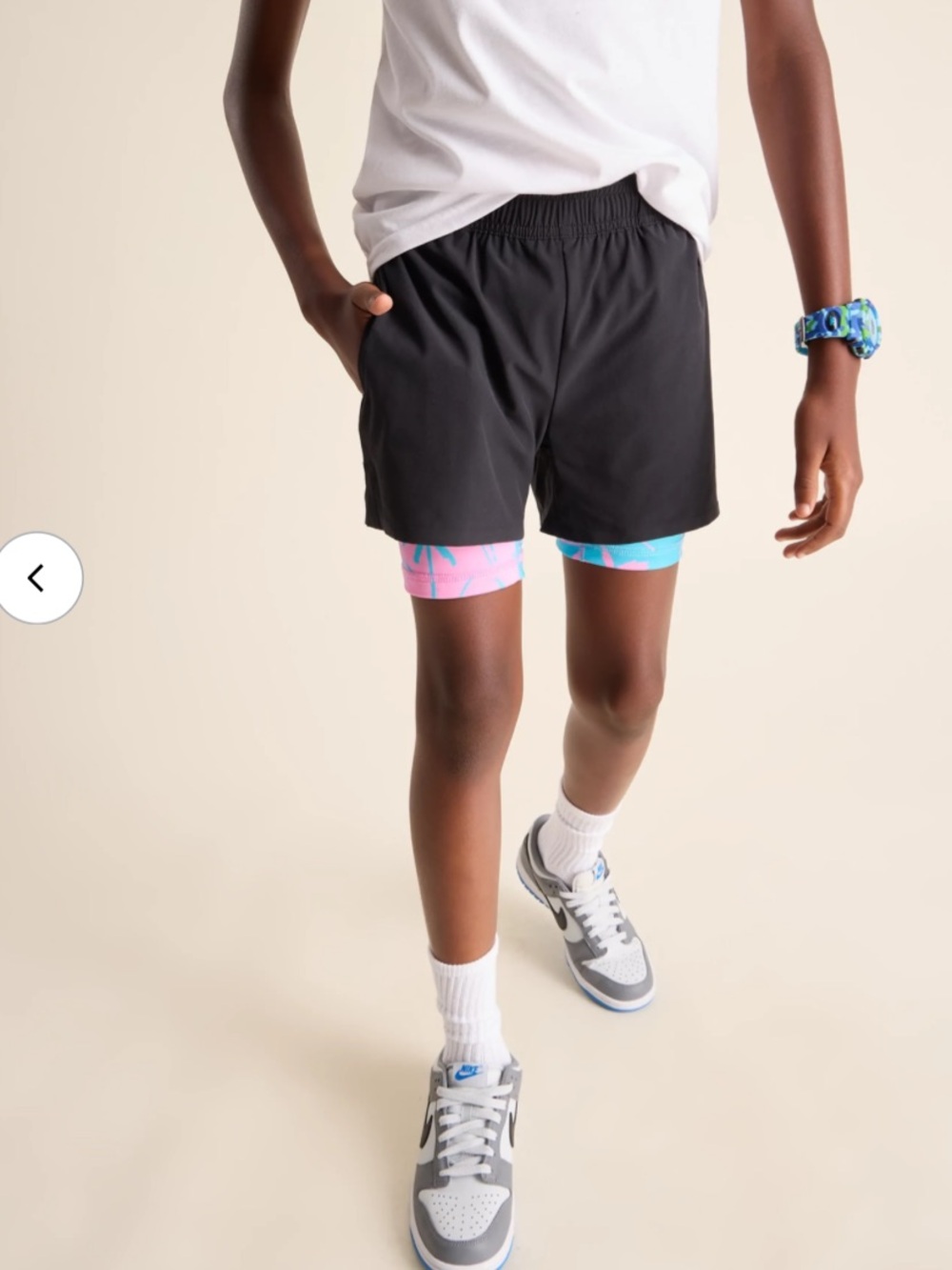 Kids Black Layered Active Shorts with Pink & Blue Liner